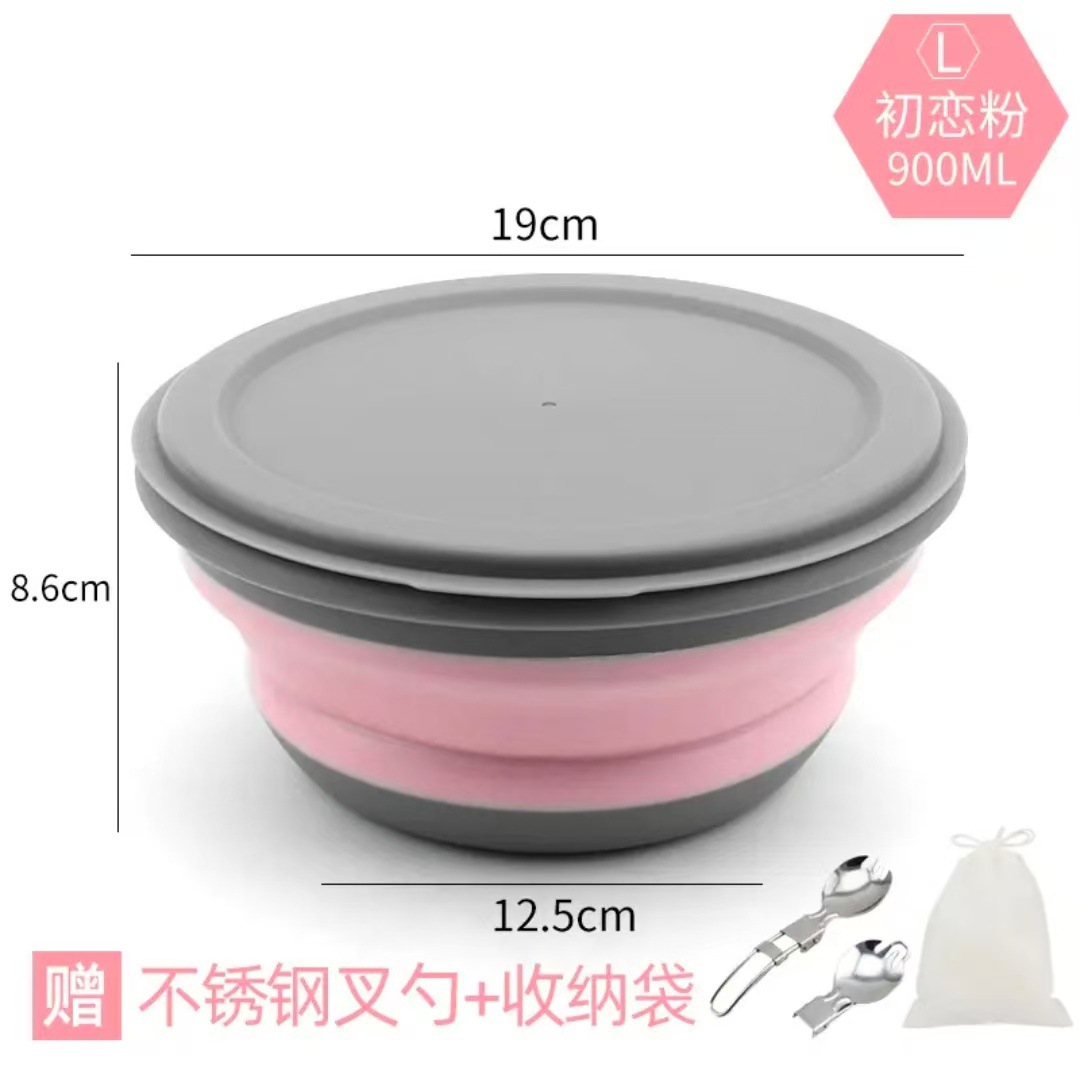 Bol grande rosa + tenedor de acero inoxidable + bolsa de almacenamiento