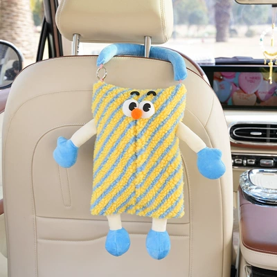with Striped Plaid Pattern, Hanging on: Car tissue box/set - small-monster-hanging-tissue-box-yellow-stripes