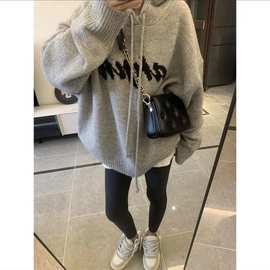 美式复古字母刺绣长袖连帽针织毛衣女宽松显瘦中长款鲨鱼裤套装