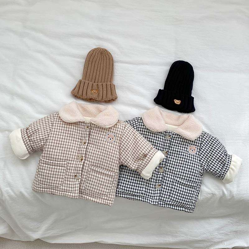 2023 abrigo grueso forrado de lana de invierno para hombres y mujeres abrigo de algodón acolchado para bebés solapa infantil Plaid cálido superior para niños