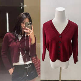 长期现货2025秋冬金智妮jennie同款红色针织开衫V领短款毛衣外套