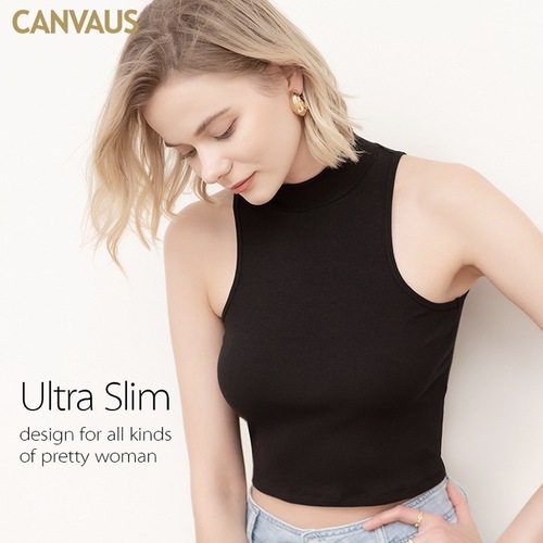 CANVAUS summer new tight sleeveless vest women's slim half turtleneck women's group style waistless short top