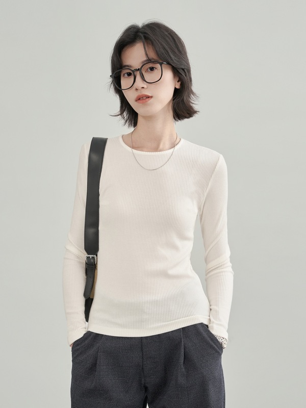 弹力针织长袖T恤女圆领外穿通勤修身显瘦坑条螺纹正肩打底衫上衣|undefined