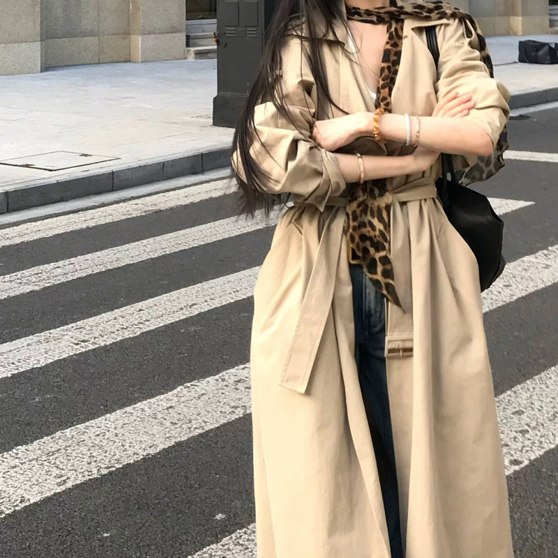 25秋冬韩系翻领风衣外套秋亚麻肌理感双排扣中长款风衣|undefined
