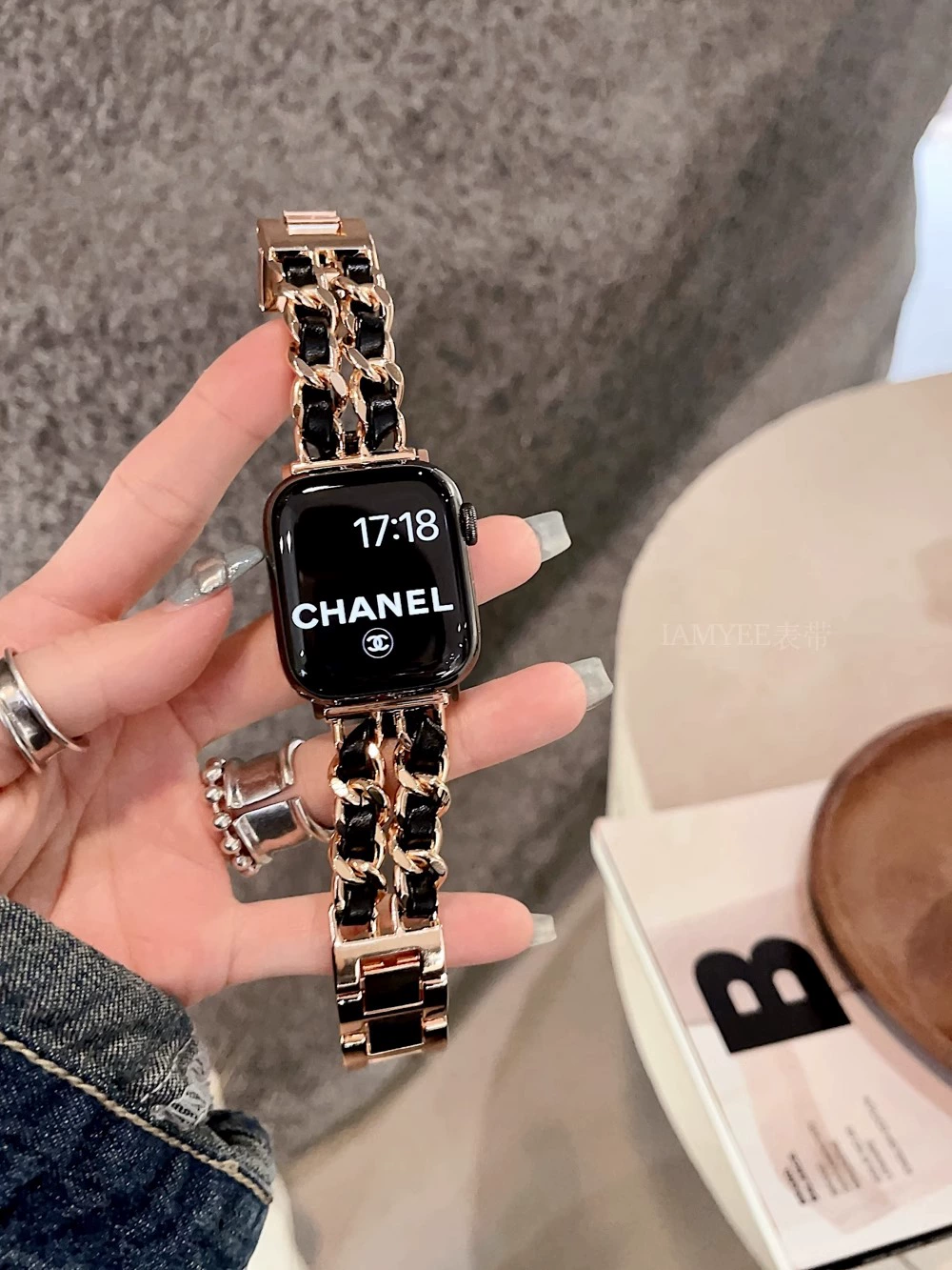 Стильный двурядный браслет из смешанной кожи с цепью для Apple Watch - универсционный металлический дизайн цепи