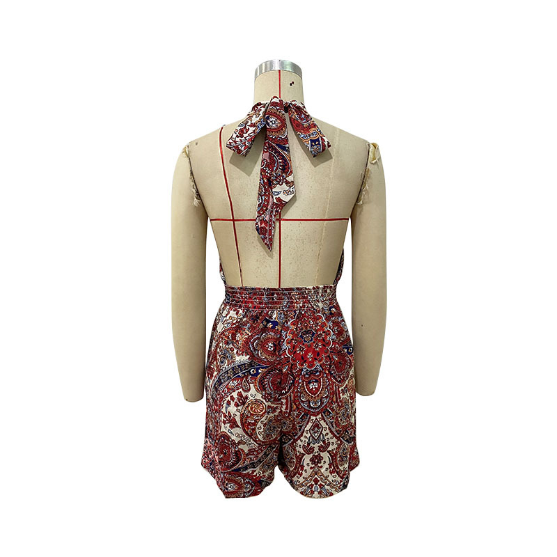 Summer Women Clothing Hollow Out Cutout Printed Jumpsuit