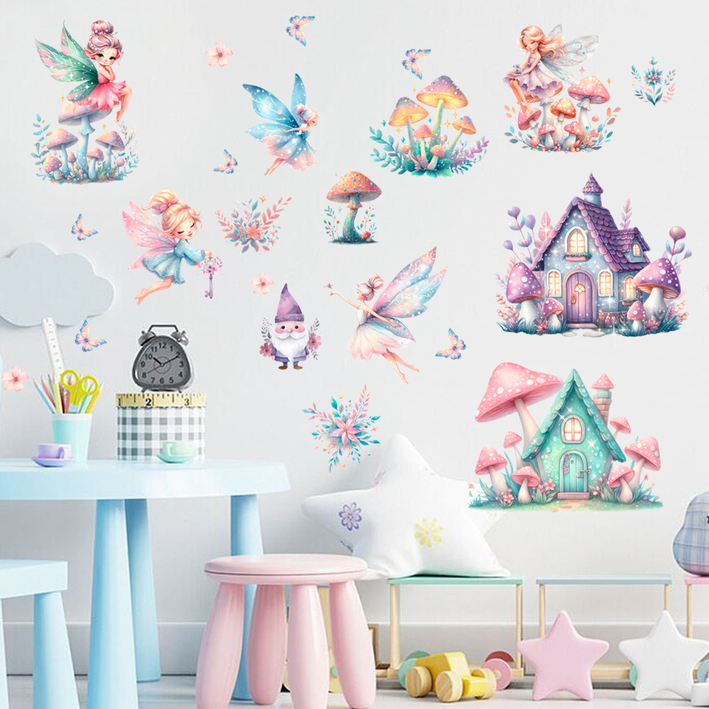 Cartoon Flower Fairy Elf Creative Mushroom Princess Room Background Wall Decoration Kidsren's Room Beautification Wall Sticker Self-adhesive