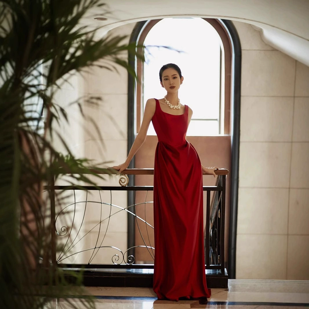 Evening dress for bride, burgundy fashionable brace, "fish tail" cut