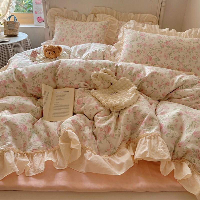 クラスA母子グレードの純綿4点セット、フランス製二重ガーゼ、小花柄、綿100レース寝具|undefined