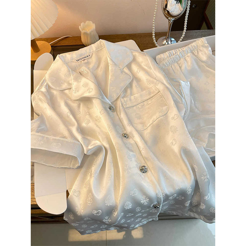 French High-end Satin Ice Silk Printed Pajamas Women's Summer Comfortable Short-sleeved Shorts suit Outfit for Home