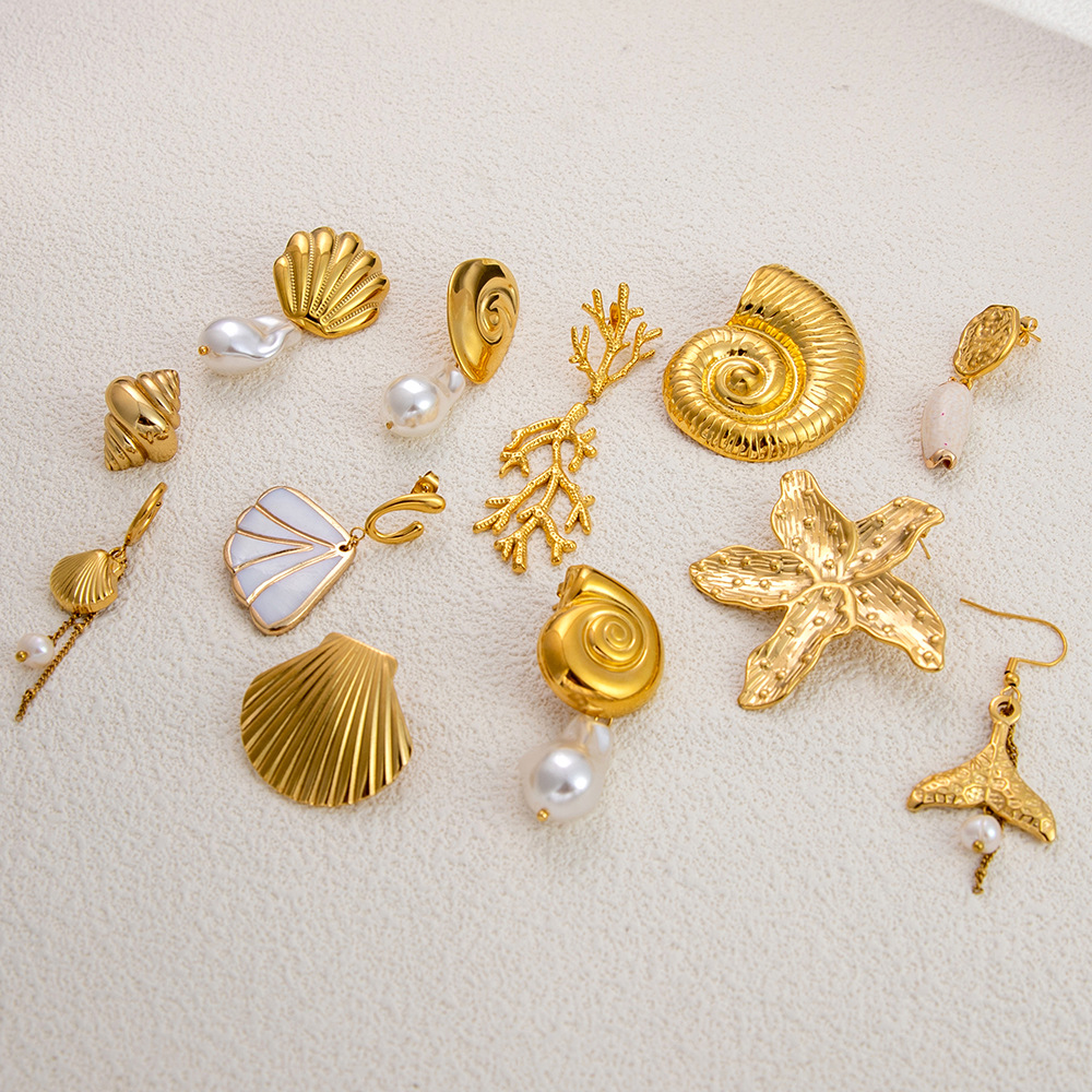 PVD Coated Gold Plating Process Real Gold Plated Plating Material PVD Coated Real Gold Plated Scallop Conch Fish Tail 304 Stainless Steel Marine Style Classic Style Waterproof Non Tarnish Rings Earrings Necklace