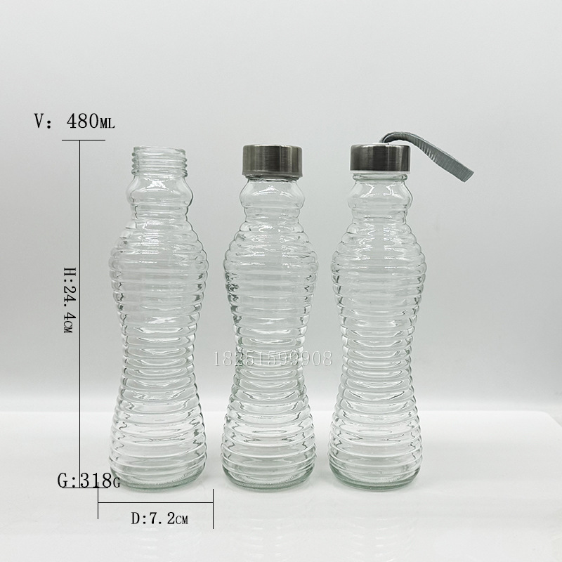 16OZ横纹玻璃水瓶螺丝纹果汁饮料瓶480ml条纹冷泡茶瓶外贸专供