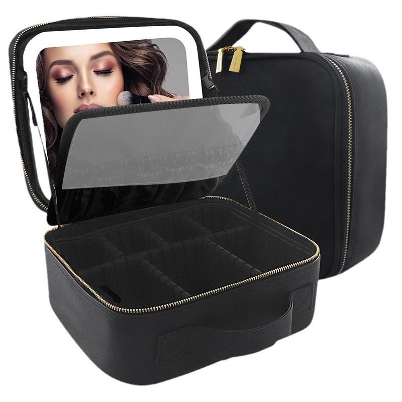 Bolsa de cosméticos con luz, espejo LED, bolsa de almacenamiento de gran capacidad, bolsa de viaje portátil, caja de cosméticos extraíble grande