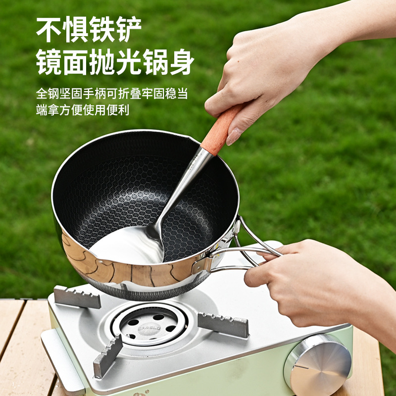 Ollas al aire libre utensilios de cocina para acampar portátil camping 316 wok de acero inoxidable mango antiadherente wok plegable pequeño