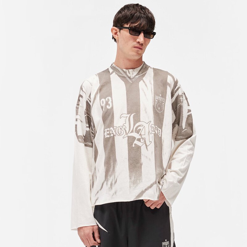 REPRESENT Digital Champion Badge Distressed Vertical Stripe Patchwork Fake Two-Piece Long Sleeve T-Shirt Jersey for Men and Women Trendy
