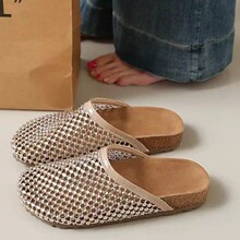 大码女鞋41-43胖脚法式满钻包头半拖鞋女夏外穿镂空网面厚底凉拖