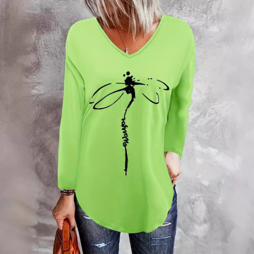 European and American Cross-Border Women's Long-Sleeve T-Shirts, Bamboo Dragonfly Design, Women's V-Neck Tops—Loose Fit, Bestselling for Summer