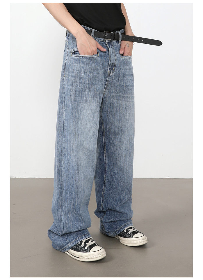 Quần jeans nam ống rộng suông thẳng túi trước họa tiết vân tre — màu xanh chi tiết 5