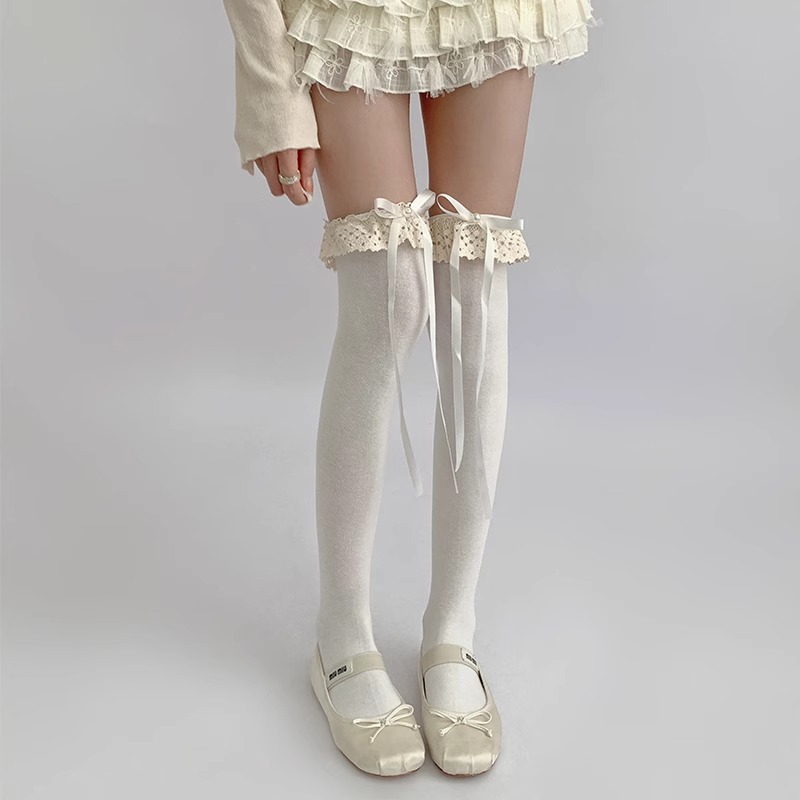Calcetines de encaje por encima de la rodilla Calcetines de algodón Lolita pura leche blanca Medias de mujer estilo Ballet cinta costura