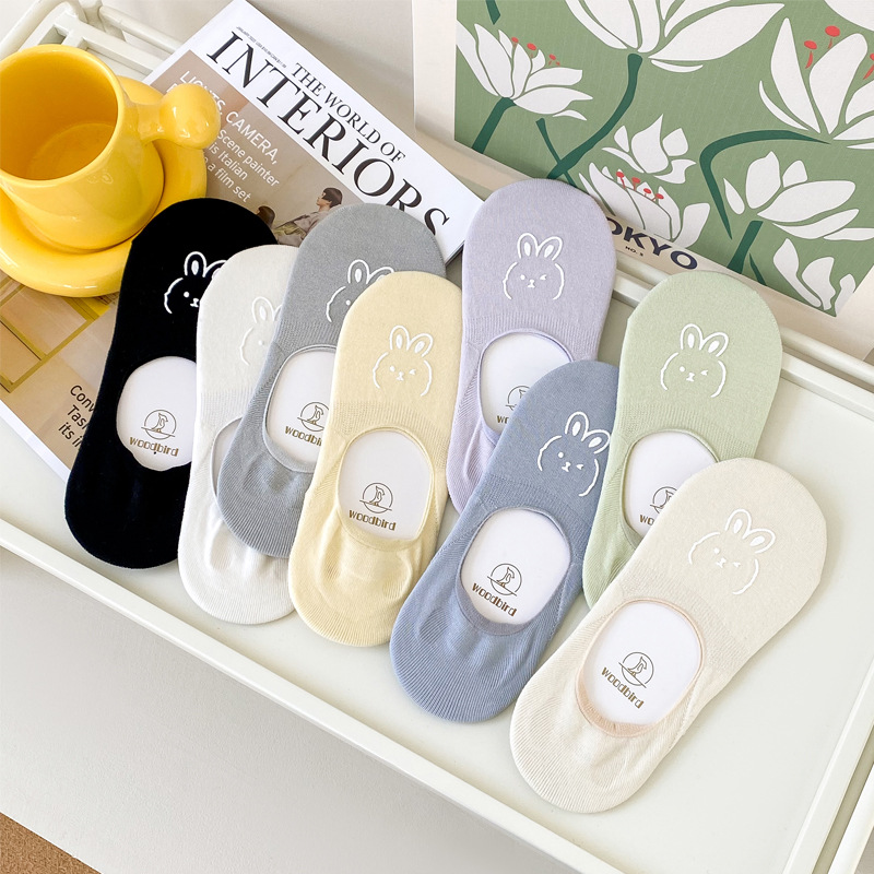 Rabbit Invisible Socks Women's Summer Thin Boat Socks Non-slip Silicone Shallow Mouth Socks Simple Non-falling Socks Breathable
