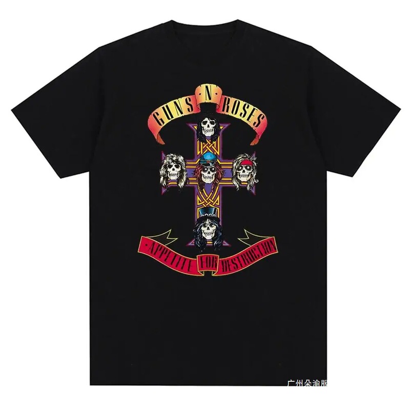 Cross-Border Aliexpress Guns and Roses Pattern Printed T-Shirt Retro Rock Band Street Clothing Short-Sleeved Fashion Boat