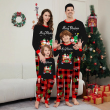 秋冬亲子装圣诞老人雪人树汽车印花长袖睡衣套装亚马逊黑色家居服