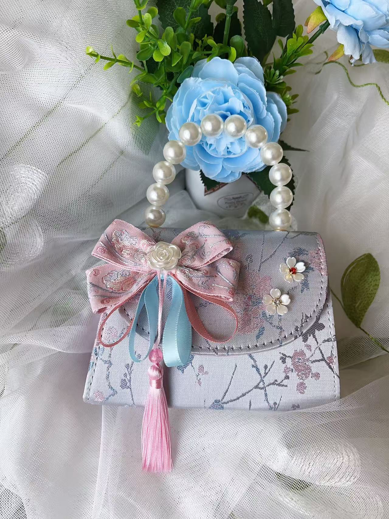 Bolso de princesa de niñas 2025, otoño nueva chica lindos bordillos de encaje mochila bolso de perlas de estilo chino Aisha