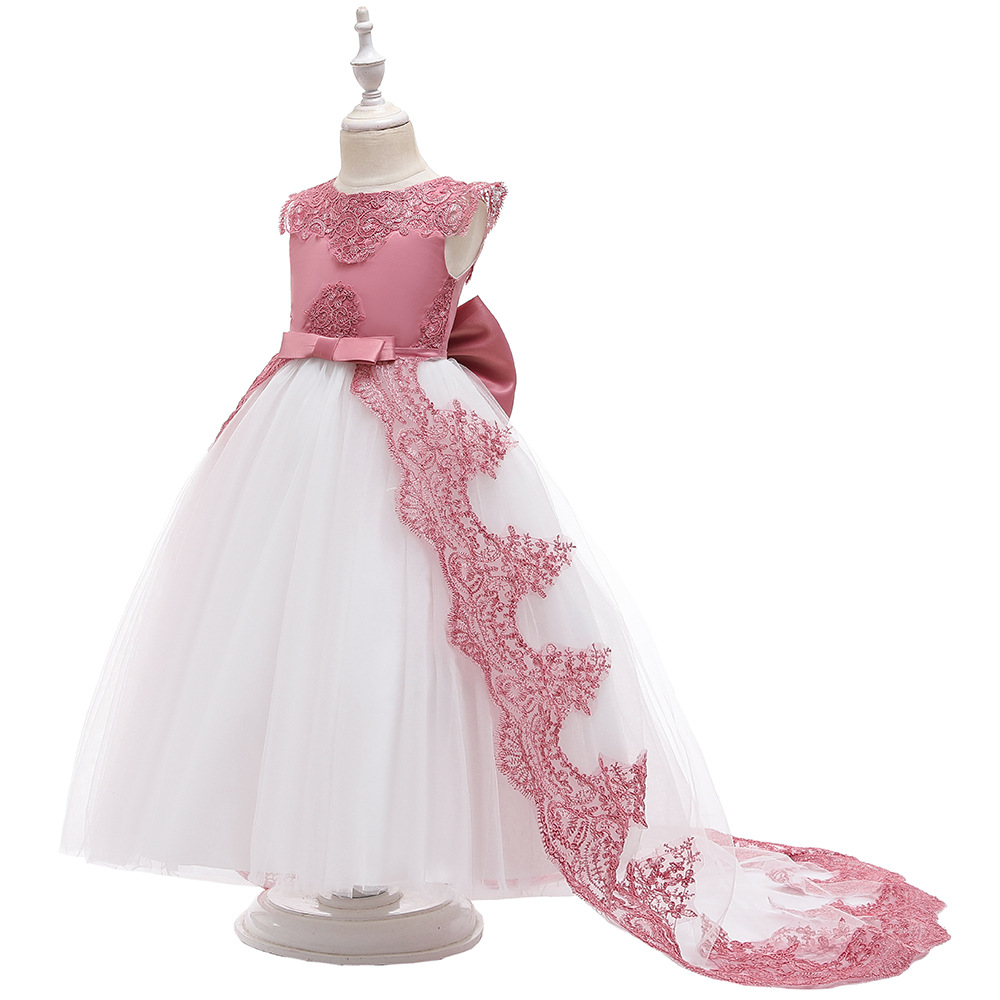 Vestido infantil largo transfronterizo de encaje bordado europeo y americano princesa arco vestido de boda vestido de cola de chicas vestido de noche