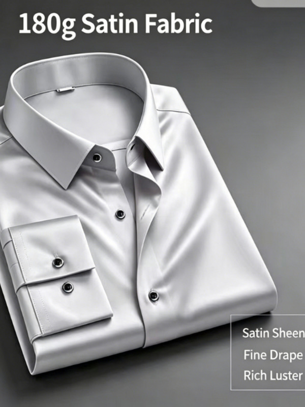 European size men's 180g satin shirt, solid color, long sleeve, business formal wear, wrinkle-free, anti-crease, silky smooth, drapey men's shirt