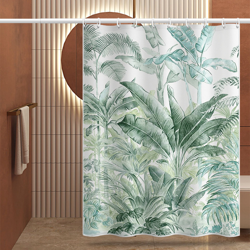 Rideau de douche en polyester imperméable et anti-moisissure, imprimé numérique transfrontalier à motif de feuilles de plantes tropicales hawaïennes, sans perçage._voghion.com