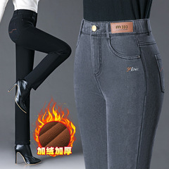 タバコの灰色とベルベットのジーンズの女性冬の新シーズンの高腰弾力ストレートパンツ