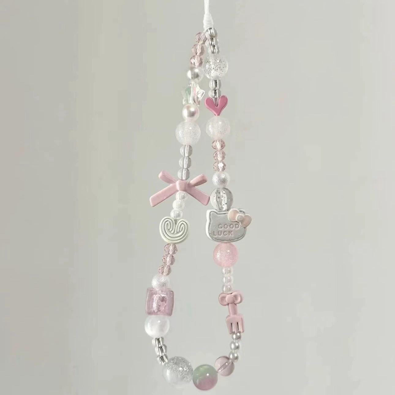 Phone strap lanyard (HelloKThd Bow), beaded pastel charm with bow & pendant
