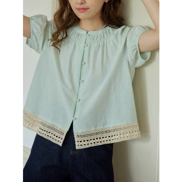 Noveilst French Pleated Round Neck Blouse with Lace Stripes, Women's Short-Sleeved Summer Thin Top