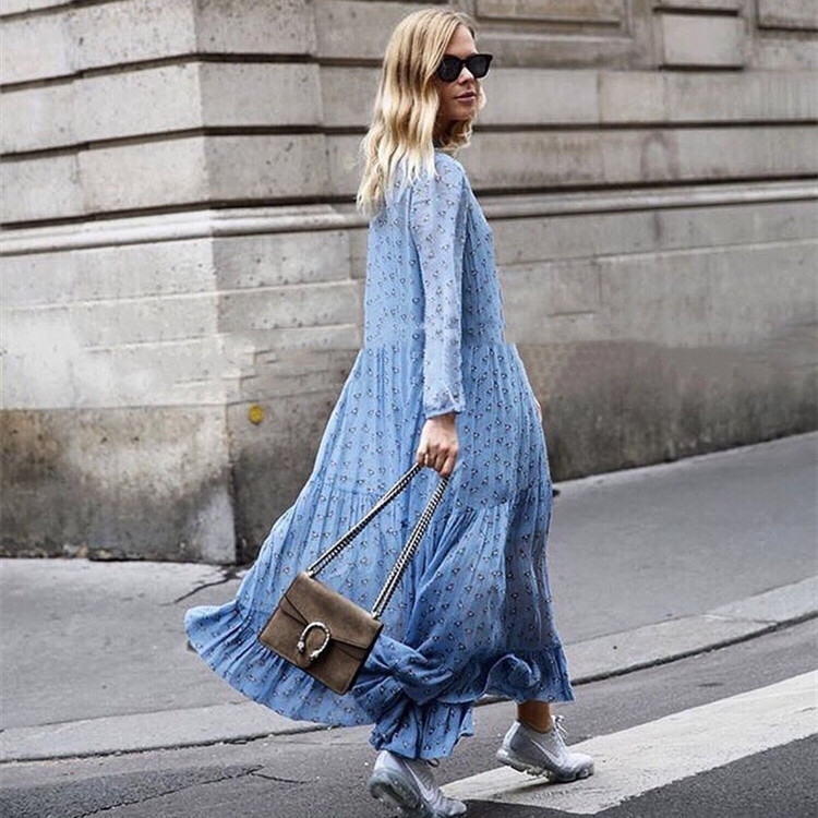 Pony Print Long Dress, Flowing and Lightweight, Small Stand-Up Collar, Single-Layer Non-Transparent, Long-Sleeved Long Dress