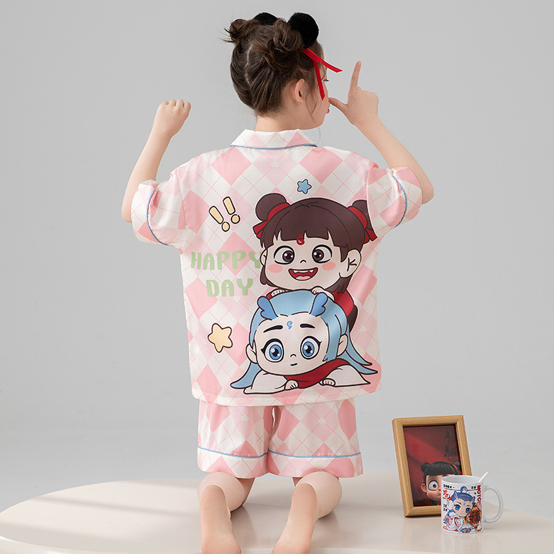 Children's Pajamas, Girls' Summer Double Short Suits, Girls' Ice Silk Thin, Medium and Large Kidsren's Air-Conditioned Home Clothes, Cute Nezha