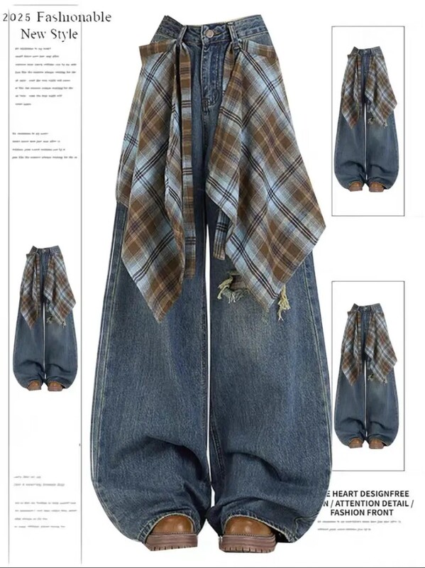 Designer Style Girls' Jeans with Ripped Wide Legs, Autumn 2025 New Korean Style High-Waisted Loose Pants