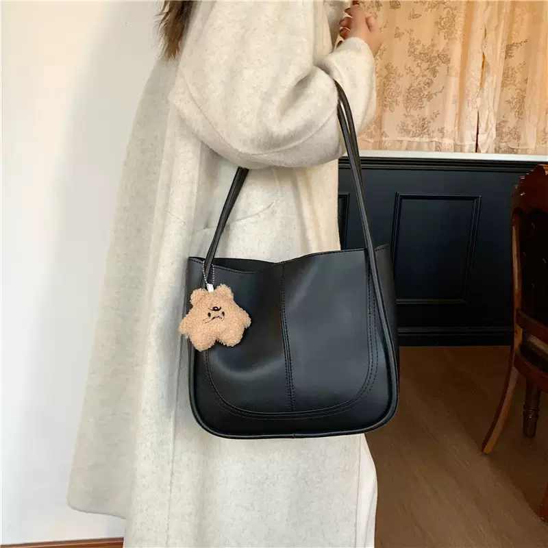 包包女高质感纯色拼接PU简约复古大容量通勤手提单肩包腋下托特包