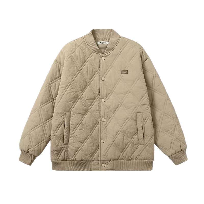 メンズ冬用ジャケット、野球風コットンジャケット、メンズハイストリートブランド、襟なしパンコート、冬用ティーンエイジャー向けコットンジャケット