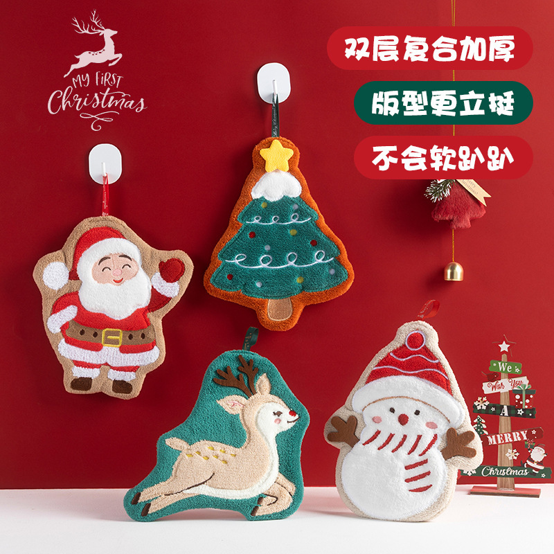 Christmas Hand Towel Hanging Household Kidsren's Hand Towel Kitchen Bathroom Quick-Drying Coral Velvet Christmas Hair E18