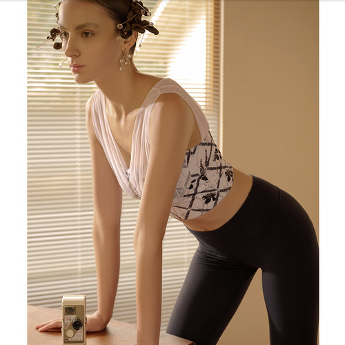 European and American cross-border mesh stitching printed tube top sports bra vest tight fitness underwear yoga wear for women with chest pads