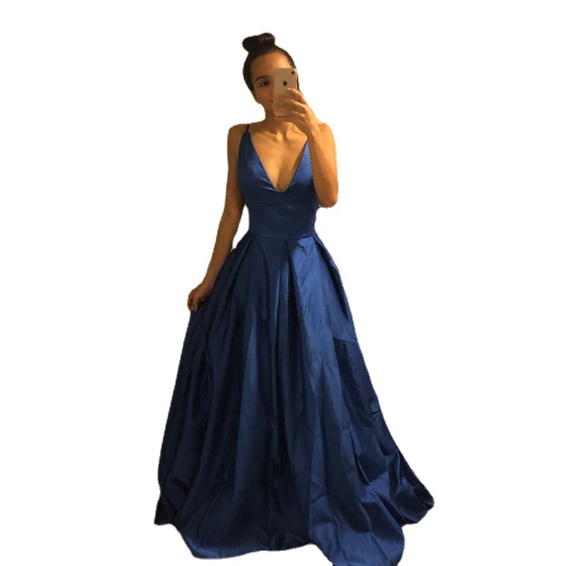 Europeo y americano Comercio exterior Amazon AliExpress deseo de las Mujeres Nuevo satén con cuello en V vestido de noche largo sexy vestido sin espalda
