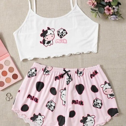 Cross-Border Exclusive Supply of Knitted Vest Camisole Printed Thin Women's Home Pajama Set Cartoon Casual Style Can Be Worn Outside Cross-Border Exclusive Supply of Knitted Vest Camisole Printed Thin Women's Home Pajama Set Cartoon Casual Style Can Be Worn Outside