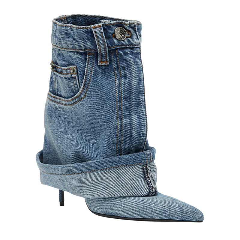 2024 Foreign Trade Cross-Border Autumn and Winter New Pointed Toe High-Heeled Fashion Boots Washed Denim Short Pleated Trouser High Heels