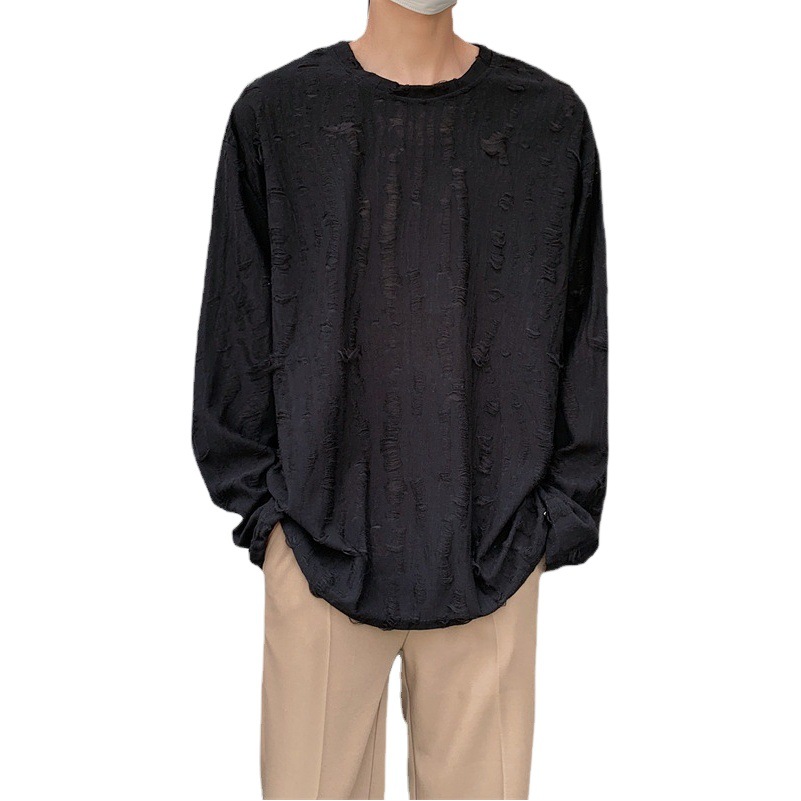 La Primavera de cuello redondo de manga larga Camiseta de los hombres de estilo coreano estilo de Hong Kong casual todo partido de moda ins pullover personalizado rasgado camiseta top