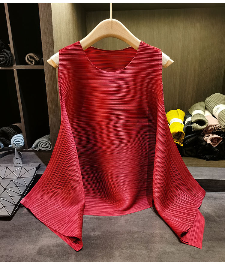 Áo thun nữ cổ tròn tay không phối nếp gấp không đối xứng chất liệu mỏng nhẹ tôn dáng — màu đen, màu hồng, màu trắng, xanh lá cây chi tiết 14