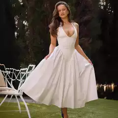 2024 Fall French Chic Deep V-Neck Long Dress with Halter Neck Pleated Waist Slimming Silhouette