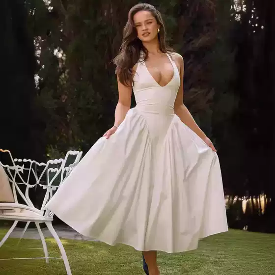 2024 Fall French Chic Deep V-Neck Long Dress with Halter Neck Pleated Waist Slimming Silhouette