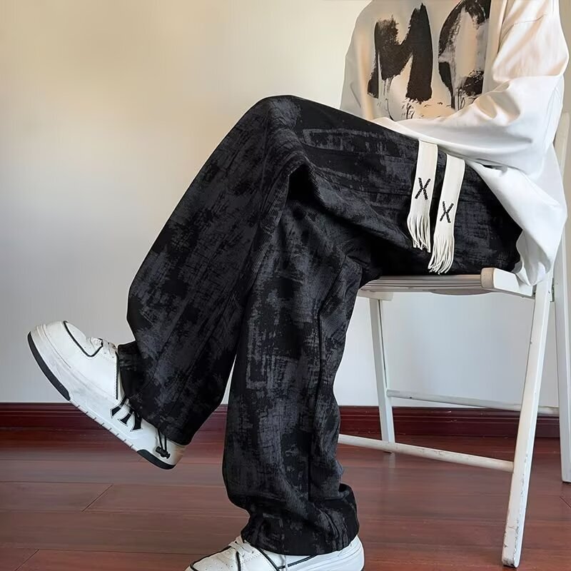 男士秋冬美式高街扎染休闲长裤男时尚百搭潮流运动舒适加绒直筒裤|undefined