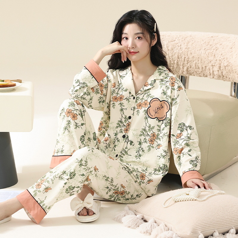 잠옷 여성의 봄과 가을 면화 긴팔 바지 카디건 하이 엔드 학생 패션 게으른 코튼 홈 의류 세트