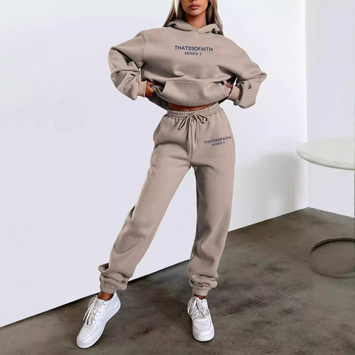 Cross-border Amazon Bestseller Women's Fashion Casual Brushed Pants Set with Letter-print Hoodie for Europe and the U.S.